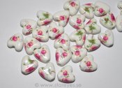 Vita romantiska porslinshjärtan med rosa blommor, 15mm